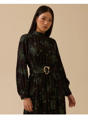 Seçil 10002521311010 Üstü Tül Desenli Beli Kemerli Şık Elbise