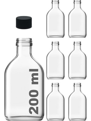 200 cc Kapaklı Cold Brew Şişesi 200 ml Yassı Soğuk Kahve Cam Şişe 6 Adet (Siyah (Plastik))