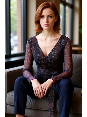 FRM Kadın Fitted Uzun Kollu V Yaka Desenli Bluz Kaliteli Şık Rahat Modern Zarif Günlük