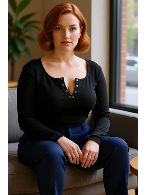 FRM Moda Büyük Beden Havuz Yaka Örme Regular Düz Desen Casual Günlük Crop Uzun Kol Bluz