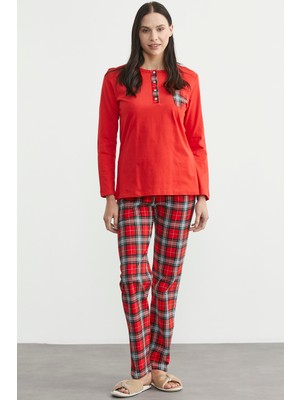 Sementa Düz Kombinli Ekose Pamuk  Pijama Takım - Kırmızı