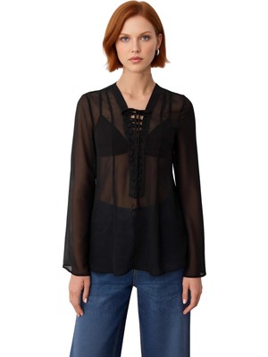 Ersefa Kadın Şık V Yaka Uzun Kollu Bağcıklı Dokuma Bluz Kaliteli Şık Rahat Modern Zarif Günlük