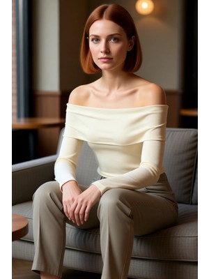 FRM Kadın Moda Şık Üst Giyim Crop Carmen Yaka Slim Kalıp Örme Kısa Esnek Bluz