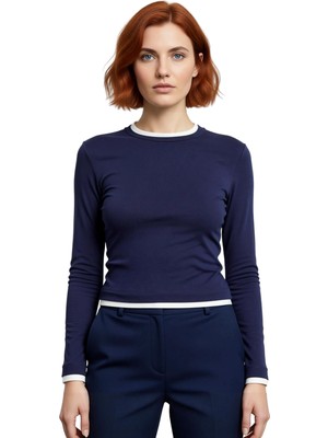 Ersefa Kadın Casual Bluz Viskon Ribana Fitted Kesim Dik Yaka Uzun Kollu Esnek Kumaş Günlük Kullanım