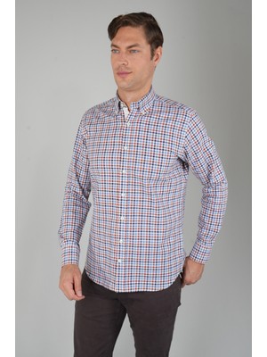 Bisse Uzun Kollu Kareli Regular Fit  Erkek Pamuk Gömlek Kiremit GMEKS252083_E26