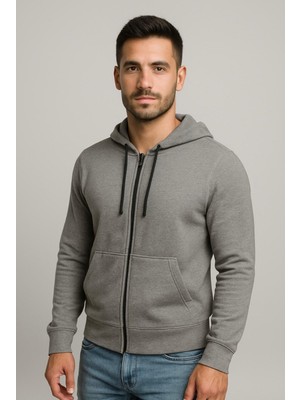 Axxel Erkek Gri Fermuarlı Kapüşonlu SWEATSHIRT-W1084
