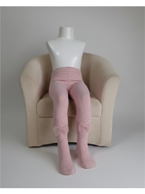 Şimo Butik Kız Bebek Çocuk Külotlu Çorap Pamuklu Taşlı Fiyonklu Kokulu Gül Kurusu