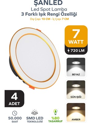 ŞANLED 7W 3 Renkli (Beyaz,gün Işığı,ikisi Bir Arada) Beyaz Gold LED Spot Lamba - 4 Adettir