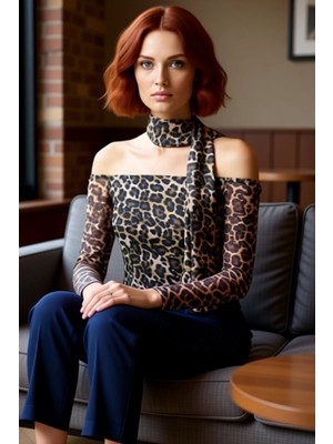 FRM Kadın Kayık Yaka Düşük Kol Slim Kalıp Örme Fularlı Tül Fitted Vücuda Oturan Esnek Bluz