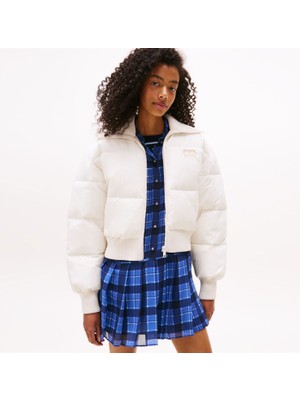 Tommy Hilfiger Crop Ribbed Detail Puffer Kadın Beyaz Mont.ybh