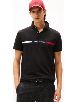 Tommy Hilfiger Erkek Regular Fit Göğsü Şeritli ve Yazı Nakışlı Polo Yaka T-Shirt - Siyah