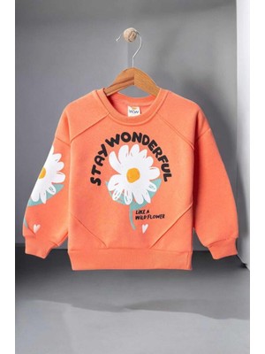 Dinamik çocuk Papatya Baskılı Kız Çocuk 3iplik Şardonlu Kalın Sweatshirt Tek Üst Kışlık Eşofman 1-2-3-4yaş
