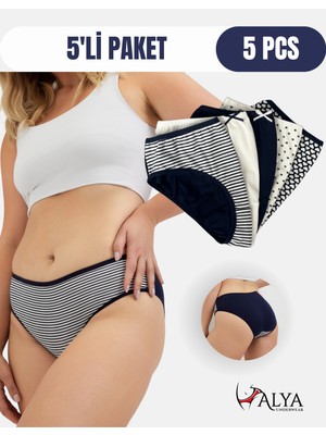 Alya Underwear Pamuklu Kadın Külot Slip Empirme Baskılı Yüksek Bel Iç Çamaşırı - 5'li Paket - Lacivert, 2xl