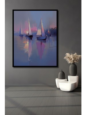 Teona Ahşap Dekoratif Ahşap Dikdörtgen Tablo Yelkenliler Gölde Gündoğumu Çerçeve Görünümlü