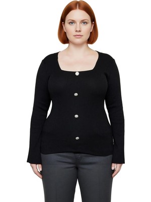 Ersefa Kadın Kare Yaka Düğmeli Uzun Kollu Triko Bluz Kaliteli Şık Rahat Modern Zarif Günlük