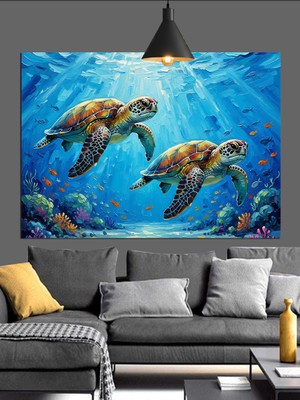 Artmeg Mavi Denizde Üç Deniz Kaplumbağası Dekoratif Kanvas - Mdf Ahşap Tablo