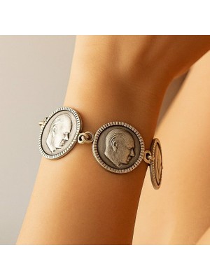 Fildişi Aksesuar Atatürk Şekilli Kadın Bileklik Gümüş Kaplama Ayarlanabilir El Yapımı Bileklik