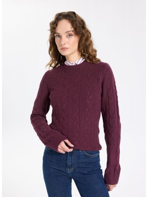 Jeep Bisiklet Yaka Basic Saç Örgü Desenli Mürdüm Kazak Kadın J5WL-KZK7128