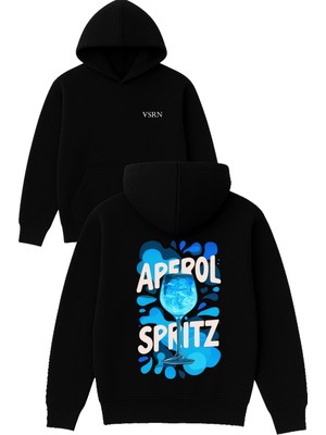 Vsrn Aperol Sprıtz Tasarım Baskılı Oversize Siyah Kapüşonlu Sweatshirt