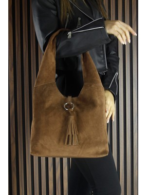 Erkan Saçmacı Karamel Hakiki Dana Süet Püsküllü Manyetik Kapaklı Orta Boy Günlük Omuz Çantası