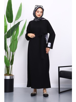 İmaj Butik Siyah Kolu Armalı Reglan Kol Basic Modal Kuşaklı Elbise
