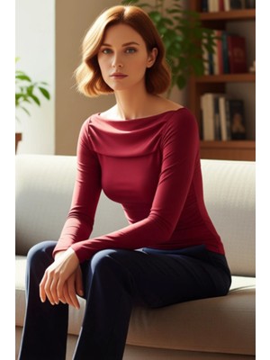 FRM Kadın Moda Şık Üst Giyim Regular Kayık Yaka Slim Kalıp Örme Drapeli Vücuda Oturan Esnek Bluz