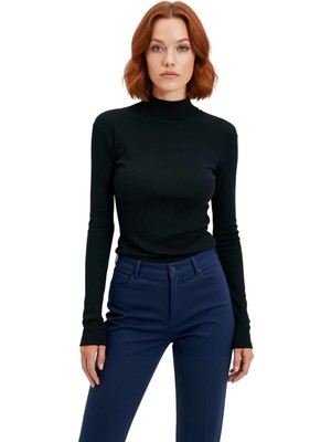 Ersefa Moda Dik Yaka Örme Slim Düz Desen Casual Günlük Regular Uzun Kol Bluz