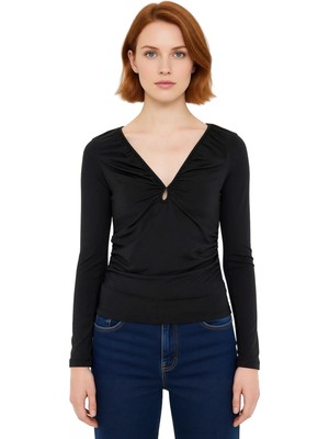 Ersefa Kadın V Yaka Büzgülü Uzun Kollu Vücuda Oturan Örme Üst Kaliteli Şık Rahat Modern Zarif Günlük