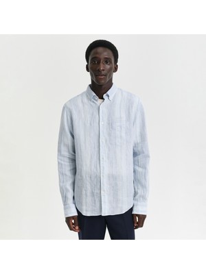 Gant Erkek Mavi Regular Fit Düğmeli Yaka Çizgili Gömlek