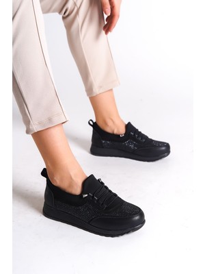 Joy Woman Vıolet Bağcıklı Lastikli Ortopedik Rahat Taban Taş Detaylı Klasik Kadın Babet Anne Ayakkabısı  Cst - Siyah