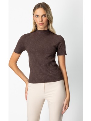 On Kadın Dik Yaka Kısa Kollu Triko Kazak 69302 Kahverengi