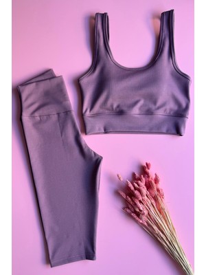 Ahmio Sports Set | Sporcu Kadın, Mürdüm Renk Yüksek Bel Toparlayıcı Kısa Tayt ve Pedli Bustiyer Takımı