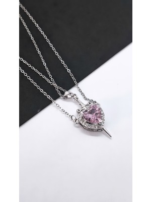 Serenity Pembe Kalp Kılıç Çift Çelik Kolye