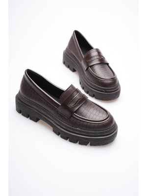 Mubiano Kadın Deri Loafer Oxford Krokodil Desenli Kalın Comfort Tabanlı Kahve Carmin