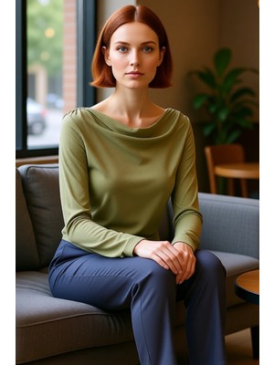 FRM Kadın Moda Şık Regular Degaje Yaka Regular Kalıp Örme Modal Kumaş Drapeli Vatkalı Asimetrik Bluz