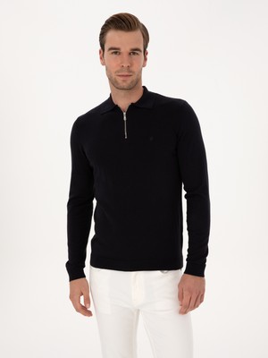 Cacharel Erkek Lacivert Regular Fit Pamuk Karışımlı Fermuarlı Polo Yaka Basic Triko Kazak 50318721-VR033