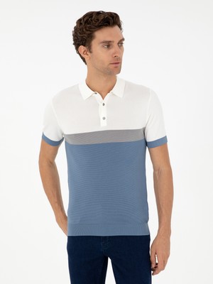 Cacharel Erkek Mavi Slim Fit Polo Yaka Keten Karışımlı Triko T-Shirt 50293243-VR036
