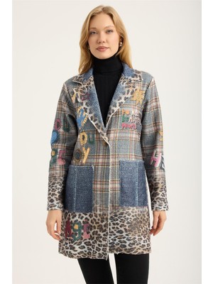 Home Store Uzun Ekose Yaldızlı Kalpli Ceket