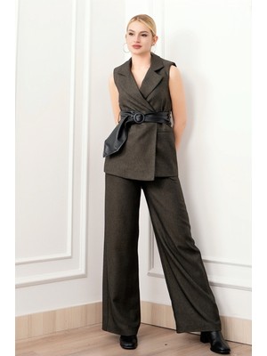MissVina Deri Kuşak Kemerli Yelek ve Cepli Pantolon Takım 1282