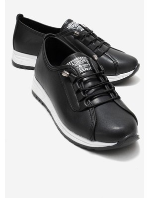 Ccway Yumuşak Tabanlı Lastik Bağcıklı Kadın Ayakkabı Siyah Cilt