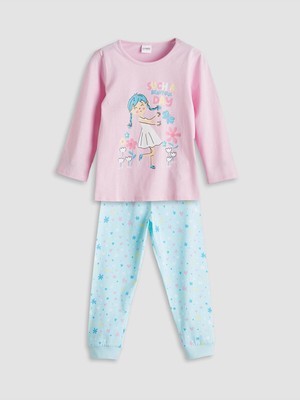 LC Waikiki Yeni Sezon Bisiklet Yaka Baskılı Kız Çocuk Pijama TAKIMI_8684685803808