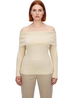 Ersefa Kadın Simli Fitilli Triko Bluz Carmen Yaka Omzu Açık Regular Boy Uzun Kollu Casual Tarz