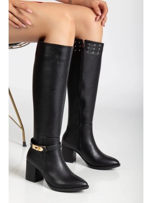 Kazax Jeoli Siyah Cilt Topuklu Çizme