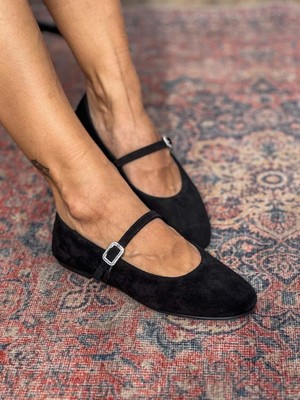 Siba Shoes Velma Hakiki Süet Deri Taşlı Toka Detaylı Siyah Babet