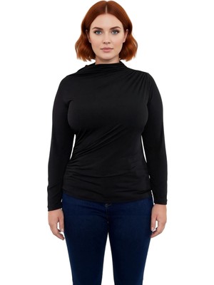 Ersefa Kadın Büyük Beden Dik Yaka Büzgülü Uzun Kollu Örme Üst Kaliteli Şık Rahat Modern Zarif Günlük