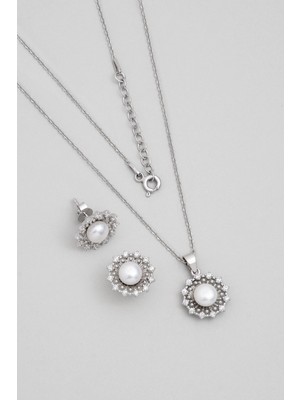 So CHIC Nostaljik İnci 18 Ayar Beyaz Altın Kaplama Gümüş Seti