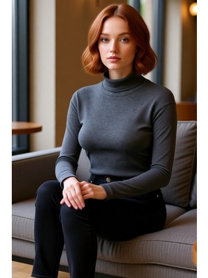 FRM Kadın Şık Crop Balıkçı Yaka Slim Kalıp Örme Fitted Vücuda Oturan Parmak Detaylı Fitilli Esnek Bluz