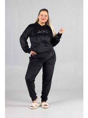 Truva Xxl Kapşonlu Kadife Büyük Beden Takım Siyah – Premium Kalite, Rahat ve Şık Kadın Eşofman Takımı