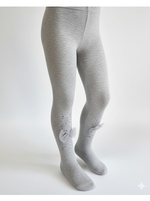 Şimo Butik Kız Bebek Çocuk Külotlu Çorap Pamuklu Taşlı Fiyonklu Kokulu Gri