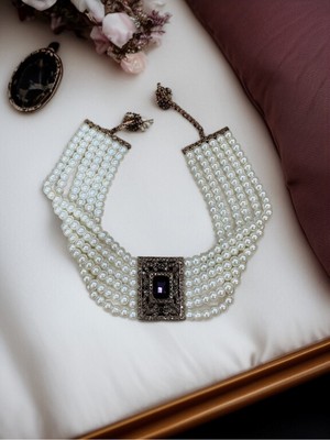 Fayra Accessories Elmas Montür Kristal Taşlı Inci Tasma Kolye